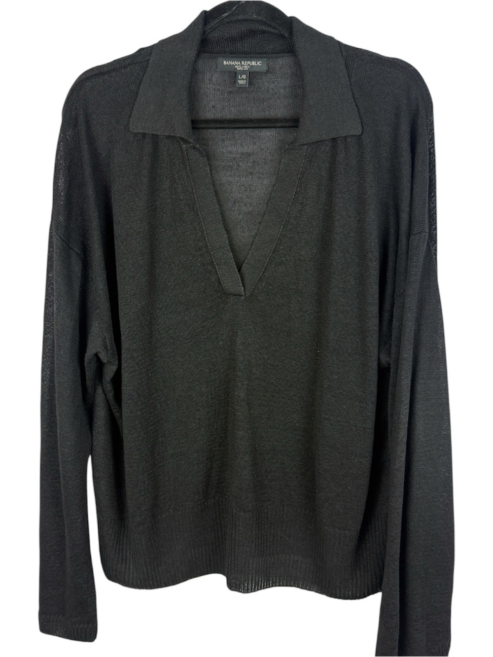 Banana Republic Linen Open V-Neck Johnny Collar Semi-Sheer Sweater Charcoal